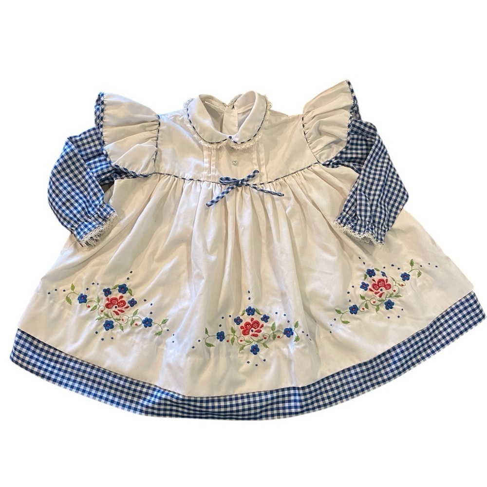 Vintage 70s red white blue Floral Embroidered Gingham Baby Dress Cottagecore